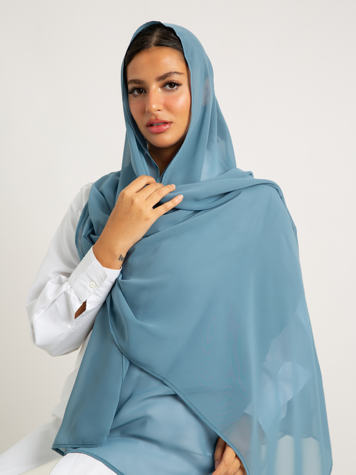 Blue soft and breathable chiffon laser hijab tarha by kaafmeem for daily wear