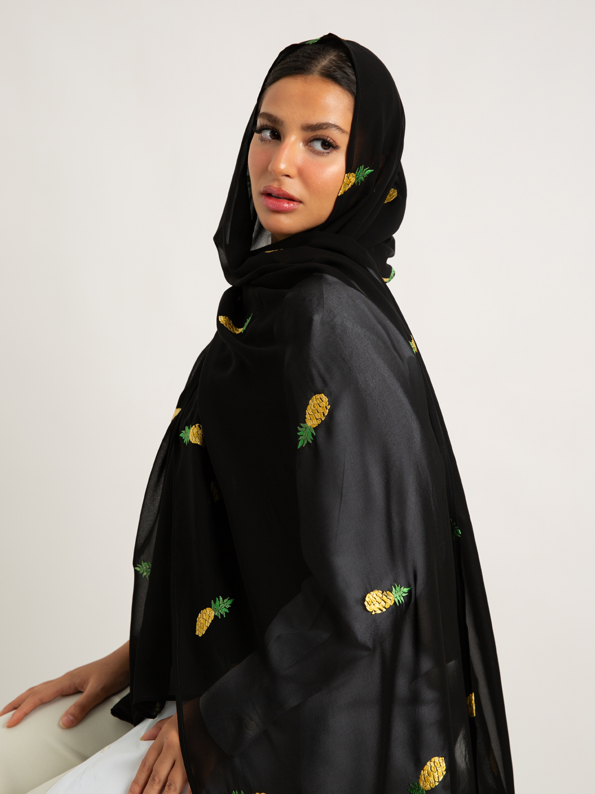 Black with pineapple embroidery soft and breathable chiffon laser hijab tarha by kaafmeem