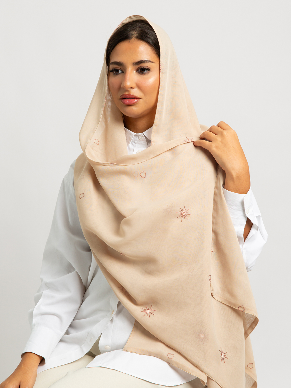 Beige Shining Hearts Voile Tarha