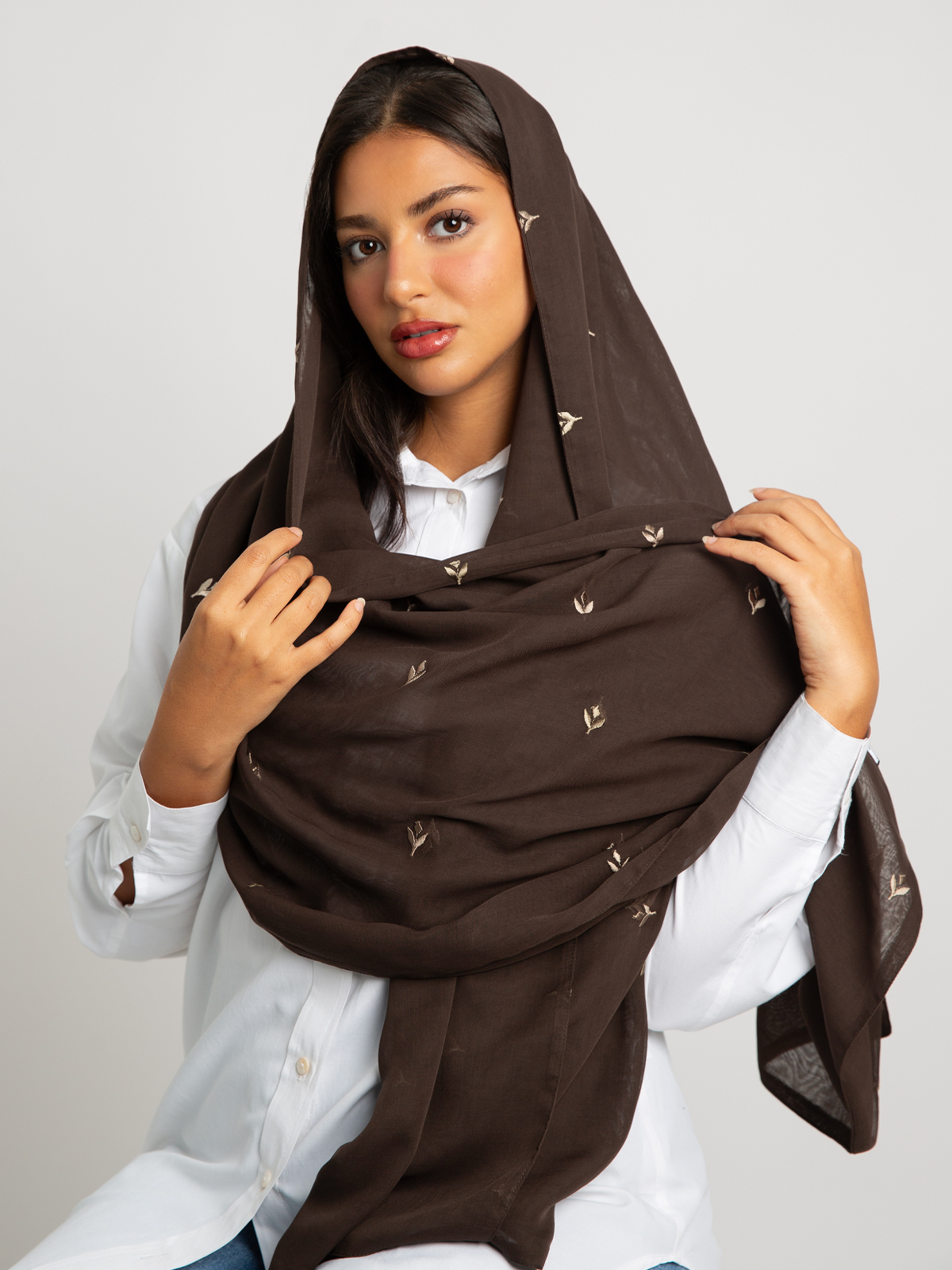 Dark Brown Petal Trace Double Voile Tarha