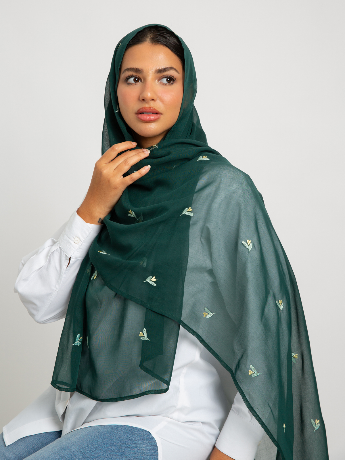Dark Green Heart Flower Single Voile Tarha