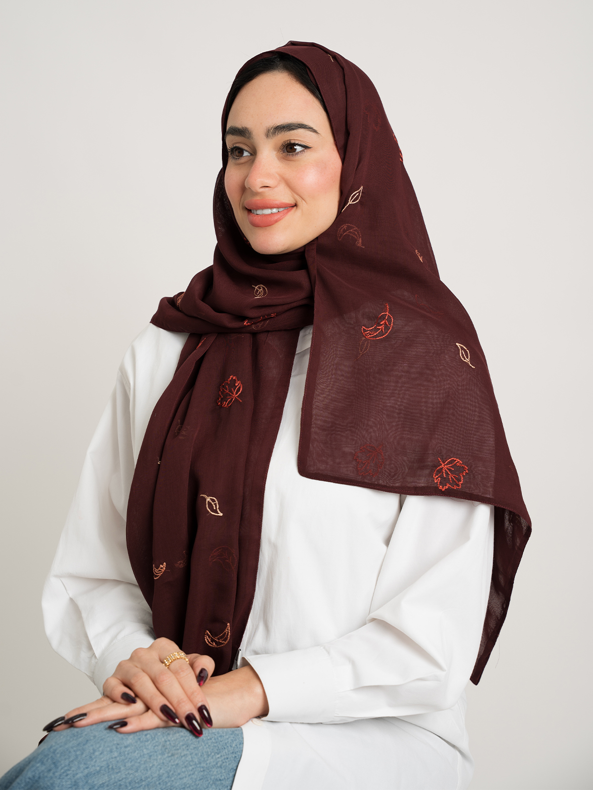 Maroon Falling Leafs Double Voile Tarha