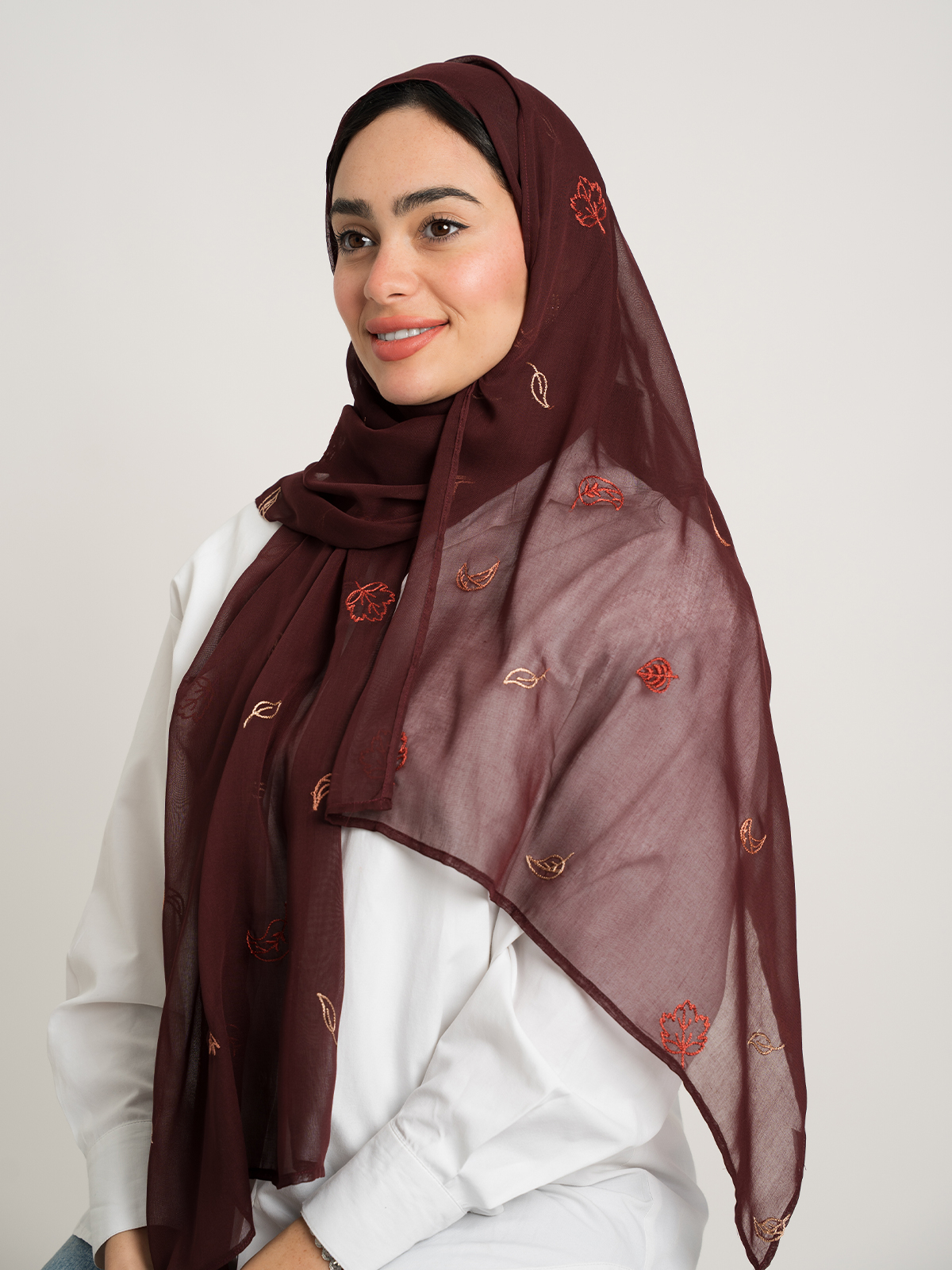 Maroon Falling Leafs Single Voile Tarha