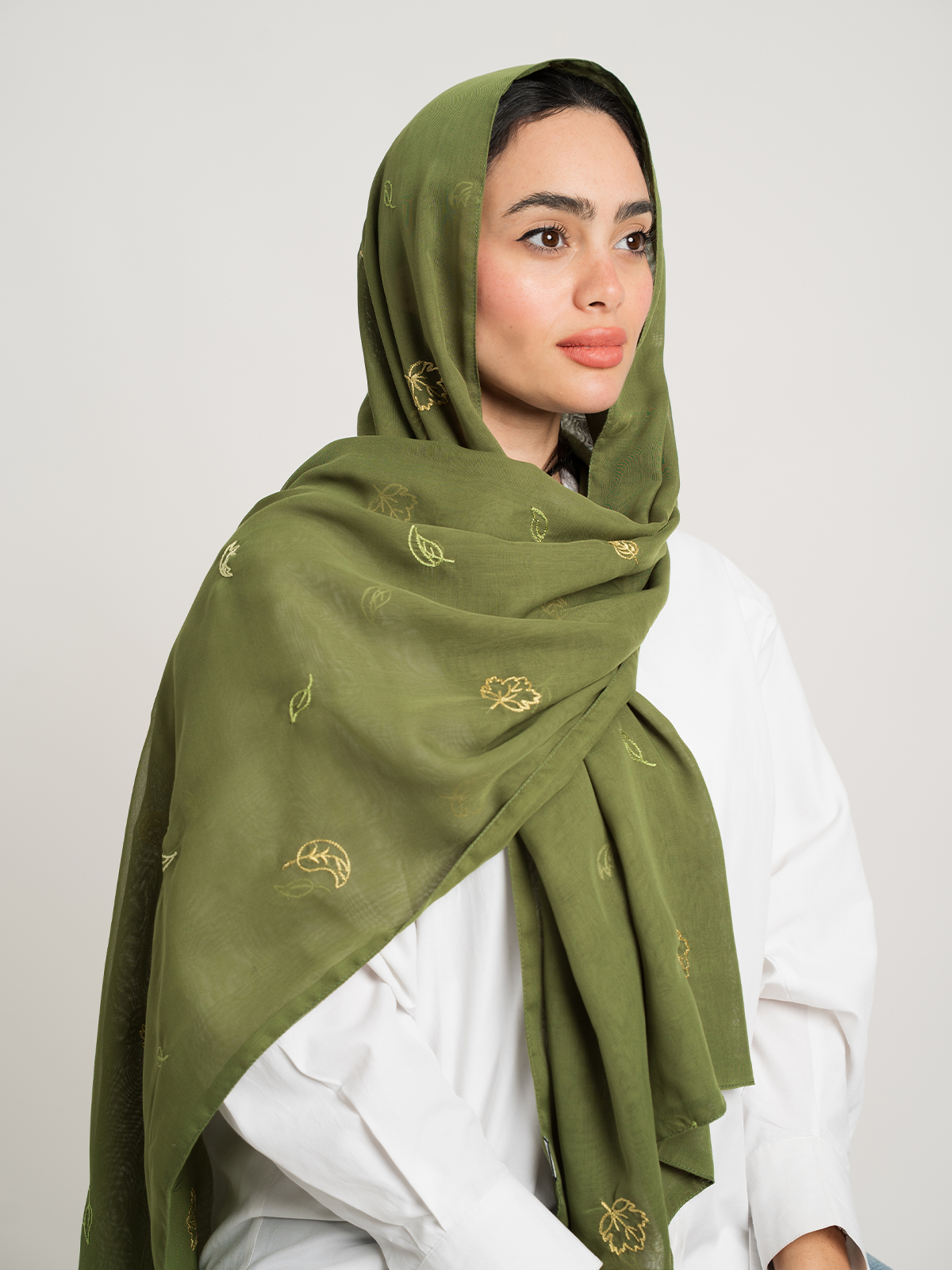 Olive Falling Leafs Double Voile Tarha