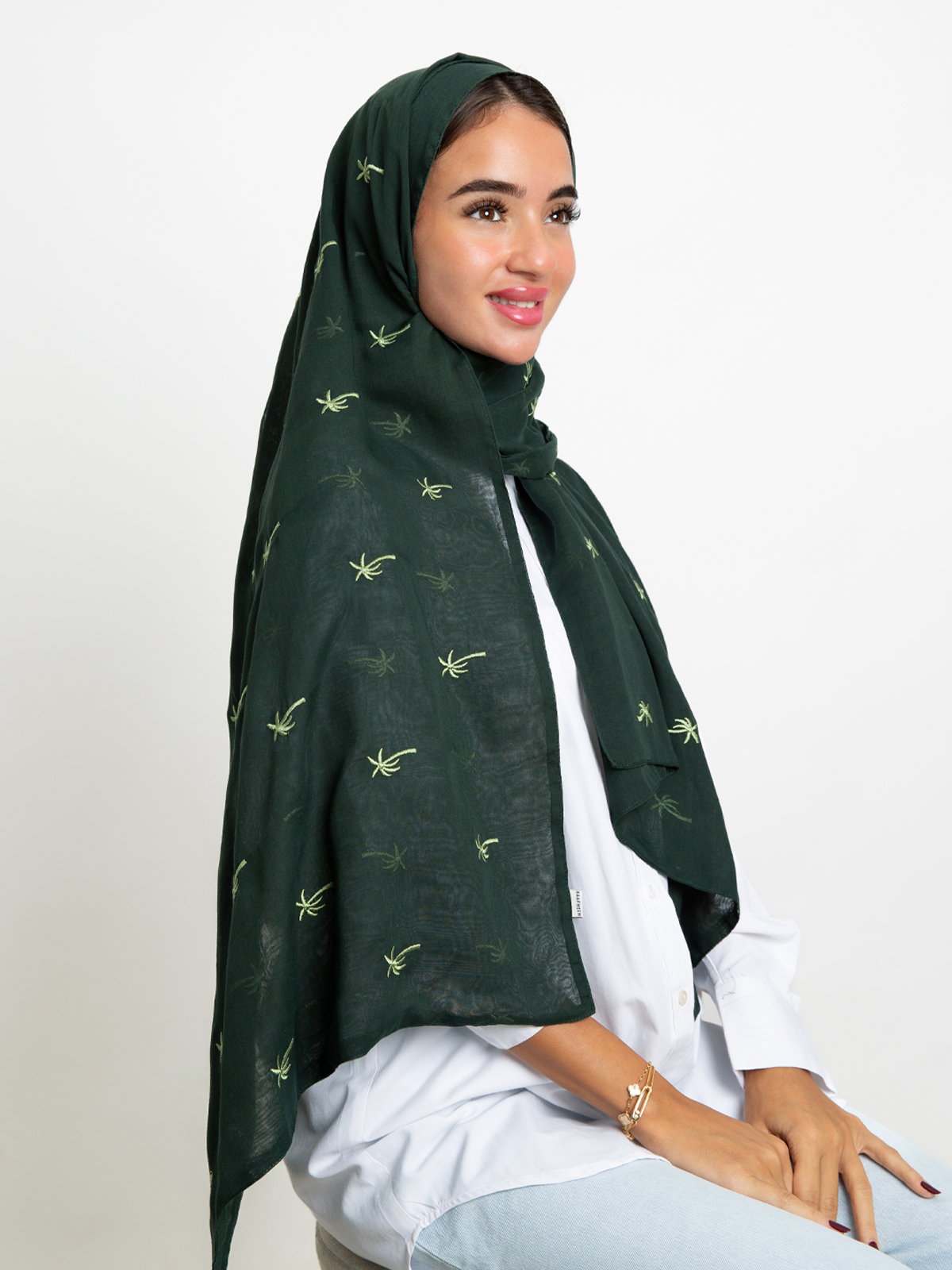 Green palm trees embroidery one layer comfy Japanese voile hijab tarha by kaafmeem for daily wear