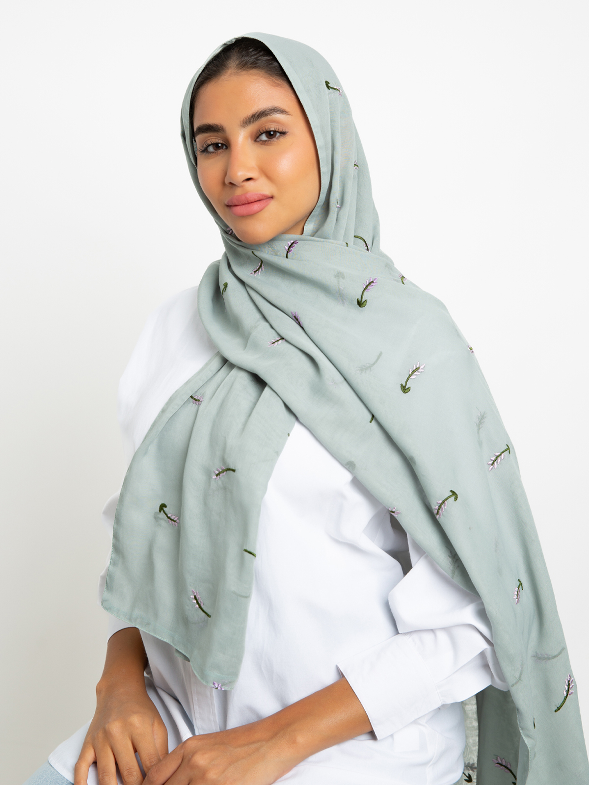 Apple green lavender embroidery one layer comfy Japanese voile hijab tarha by kaafmeem for daily wear