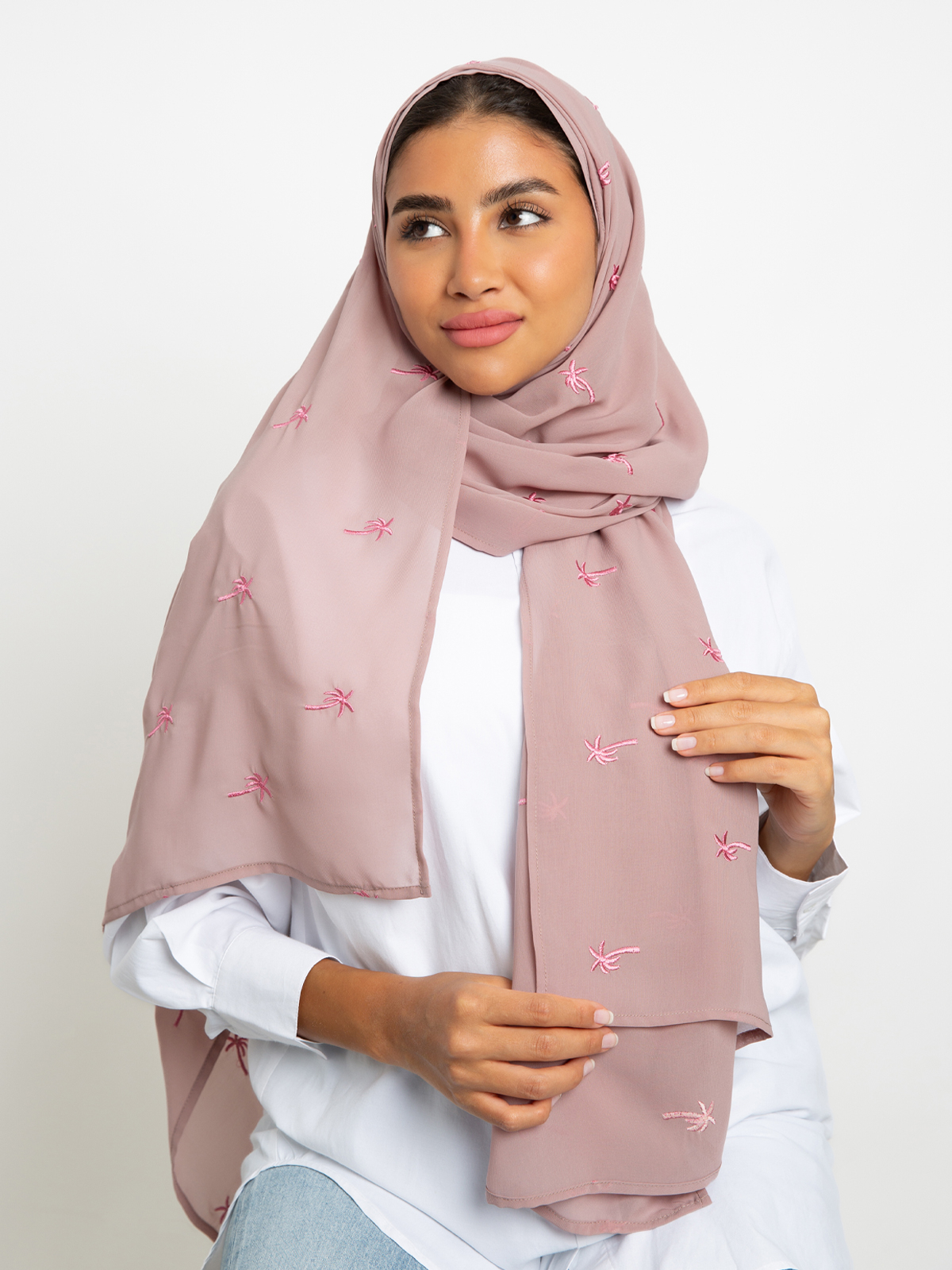 pink with palm tress embroidery soft and breathable chiffon laser hijab tarha by kaafmeem f