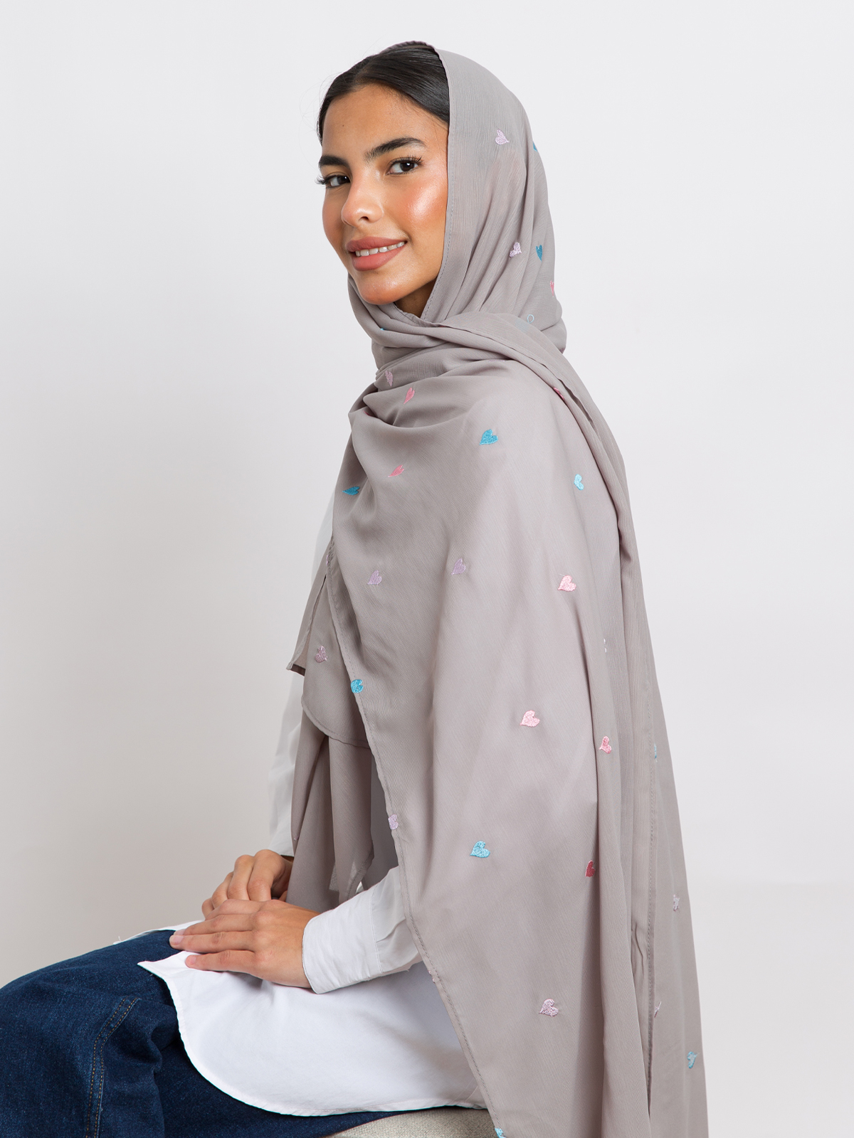 Gray Hearts Chiffon Tarha