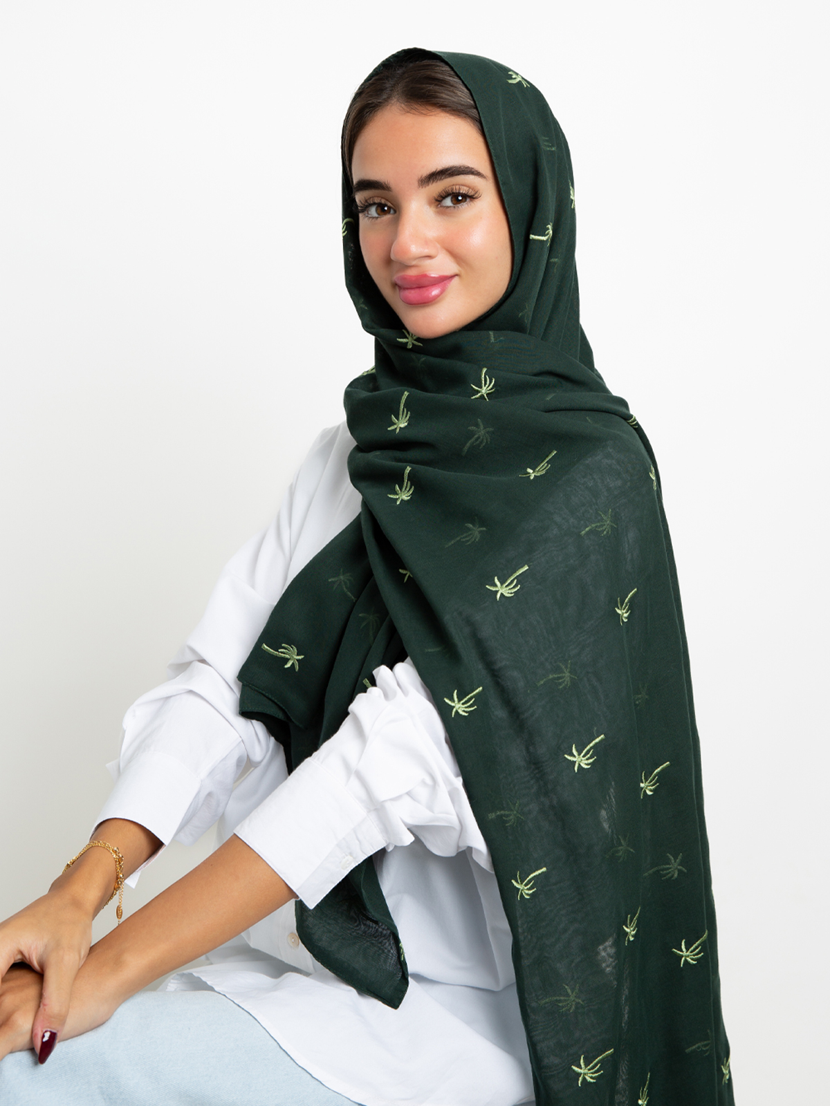 Green palm trees embroidery double layered comfy Japanese voile hijab tarha by kaafmeem for daily wear