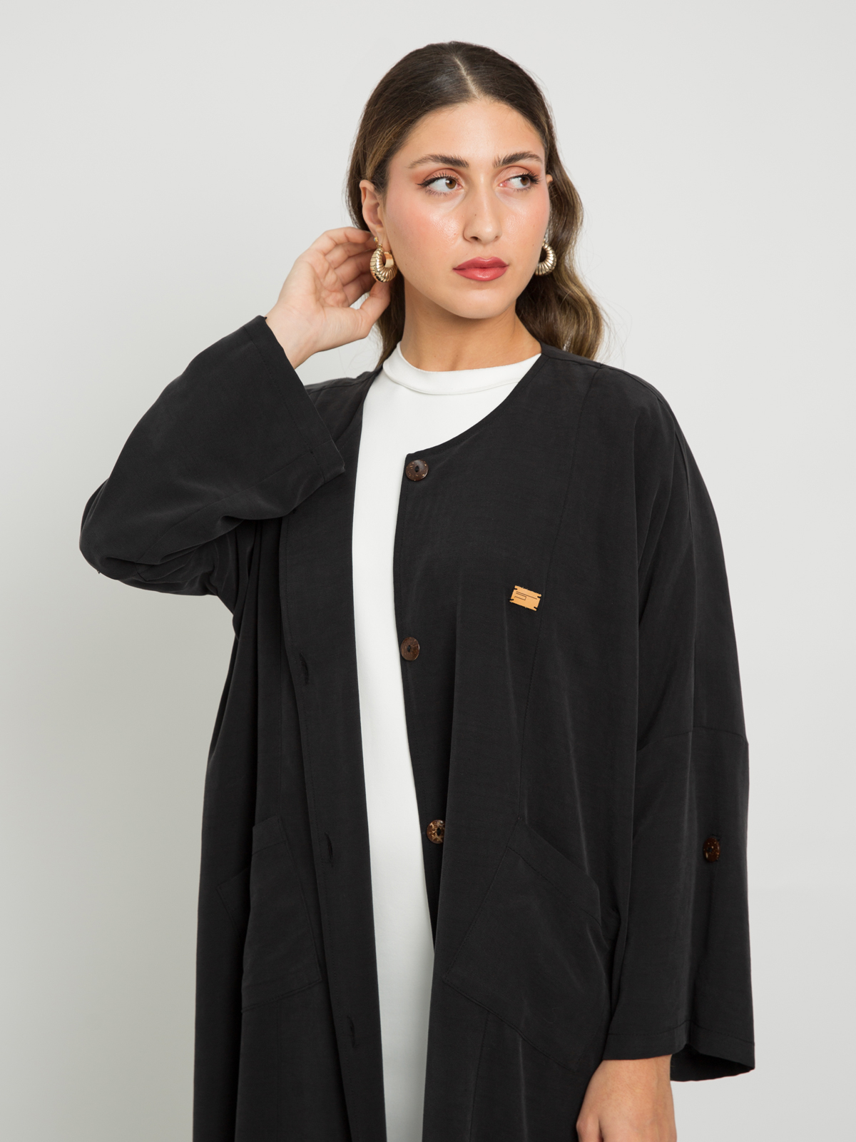 Black - Hoodie-Less Abaya in Washed Linen Fabric