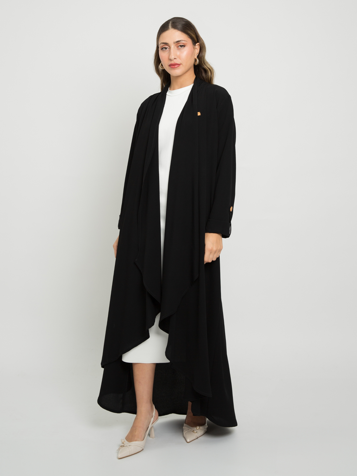 Black - Freestyle Regular-fit Long Open Abaya in Soft Fabric