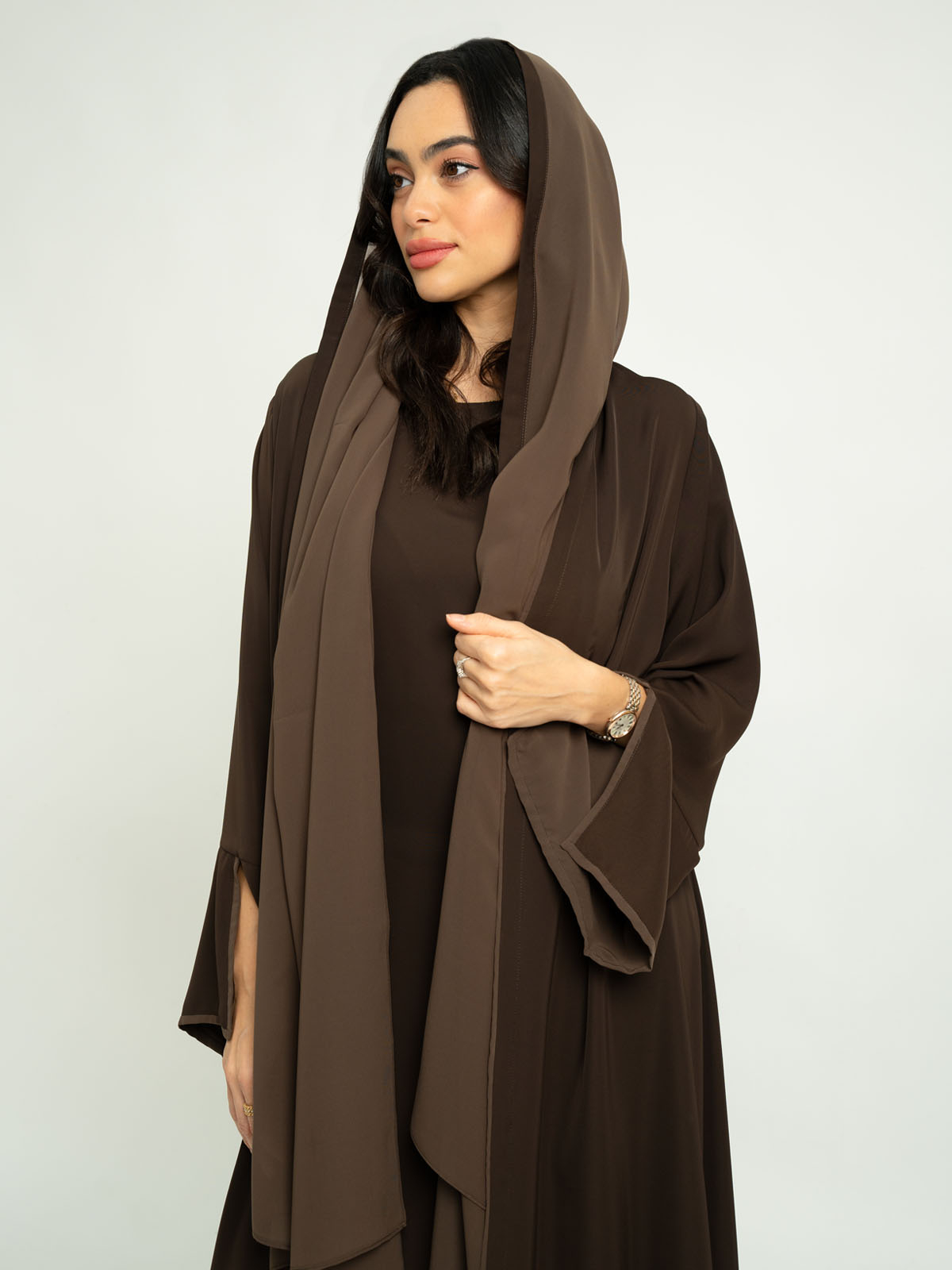 Monochrome Brown A-Cut Abaya With Matching Dress