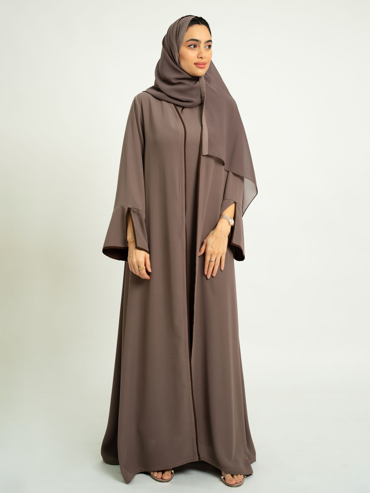 Monochrome Beige A-Cut Abaya With Matching Dress