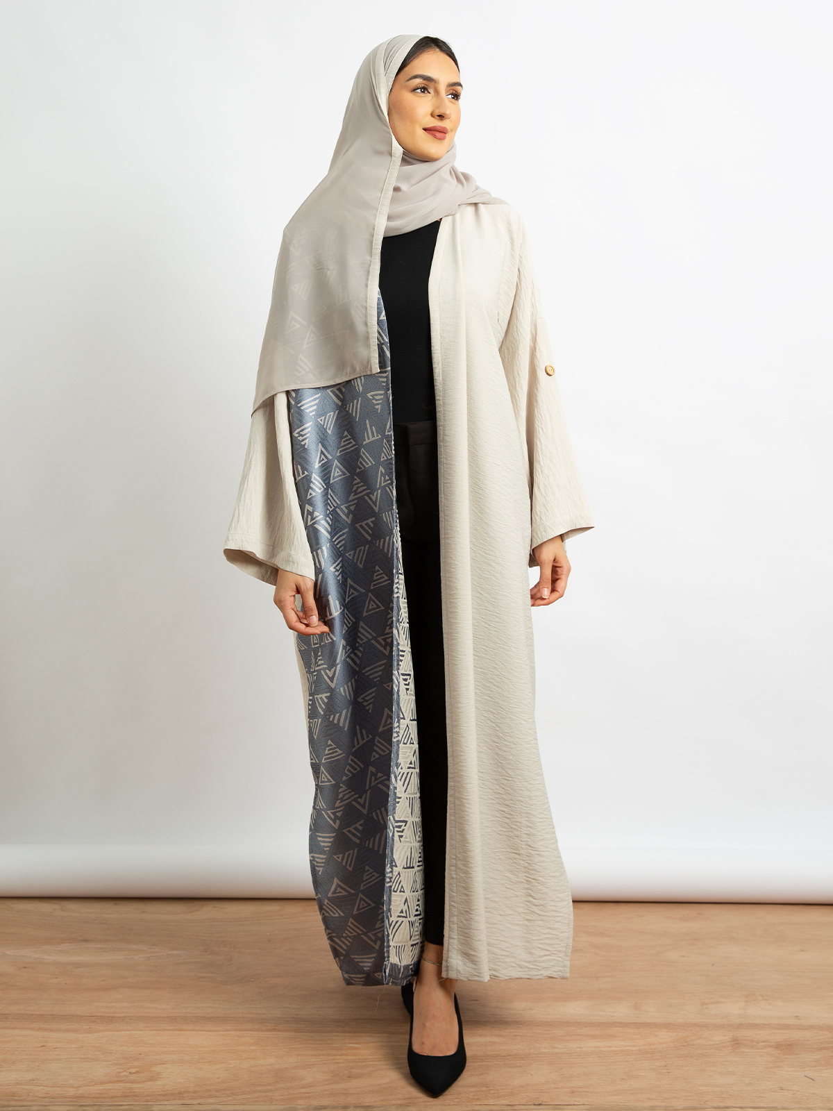 Open long bohemian abaya beige color with artistic ornament in linen-feel fabric for work and events by kaafmeem clothing