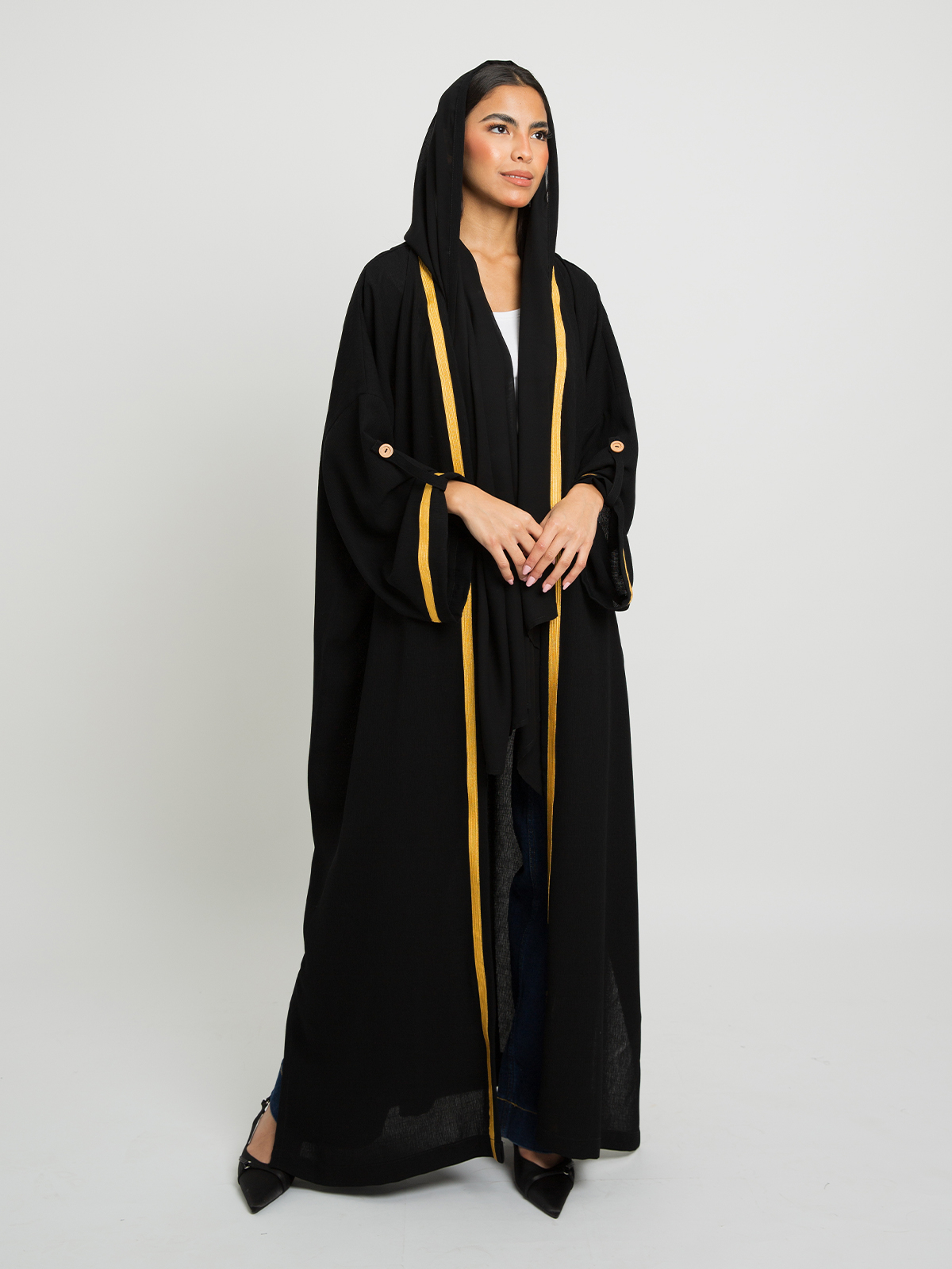 Black with Meshlah - Bohemian Wide-Fit Long Open Abaya
