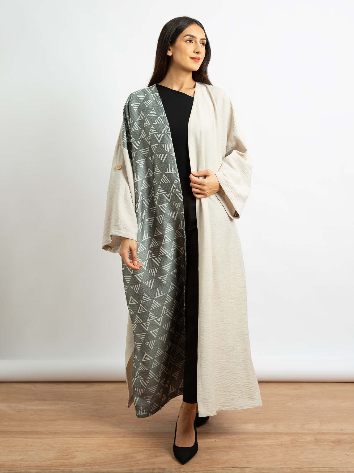 Open long bohemian abaya beige color with gray artistic ornament in linen-feel fabric for work and events by kaafmeem 
