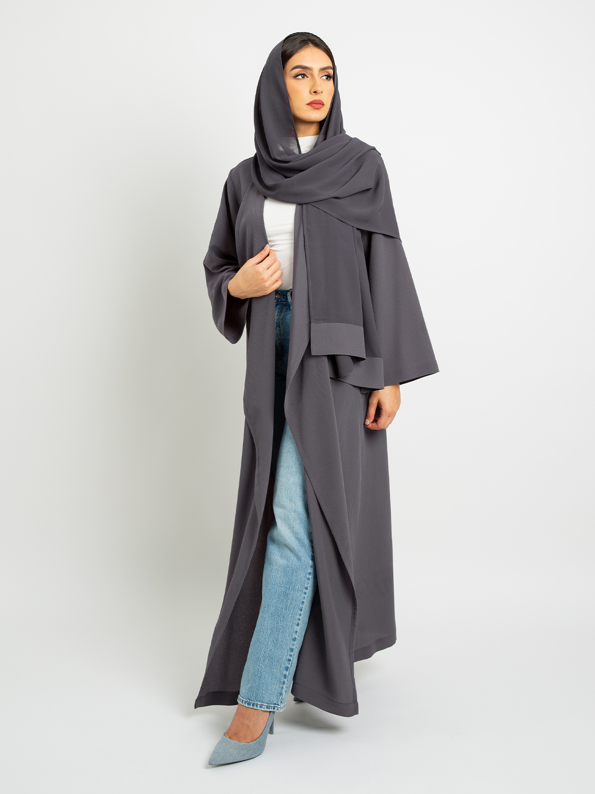 Gray - Comfy Regular-fit Long Open Abaya in Fancy Yoryu Fabric
