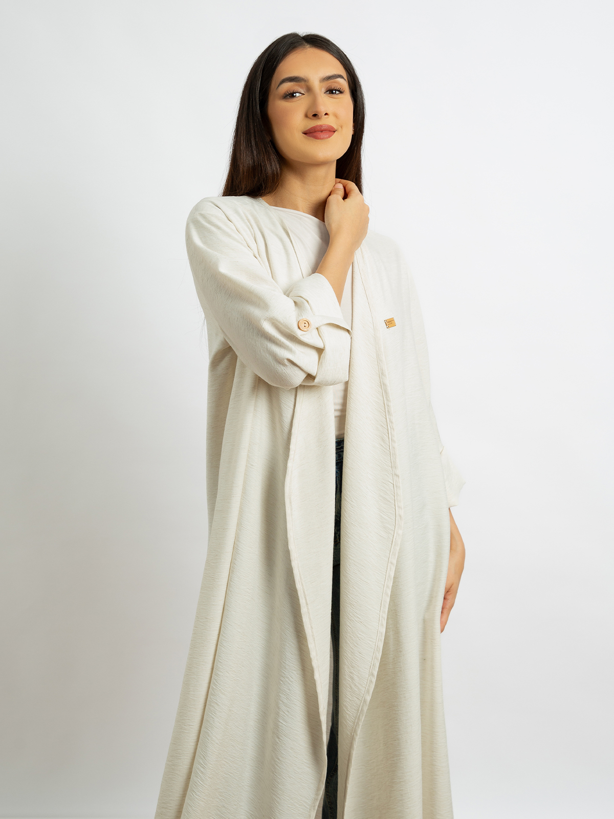 Open long wide cut comfy abaya with adjustable sleeves off white color in linen-feel fabric for work and events by kaafmeem