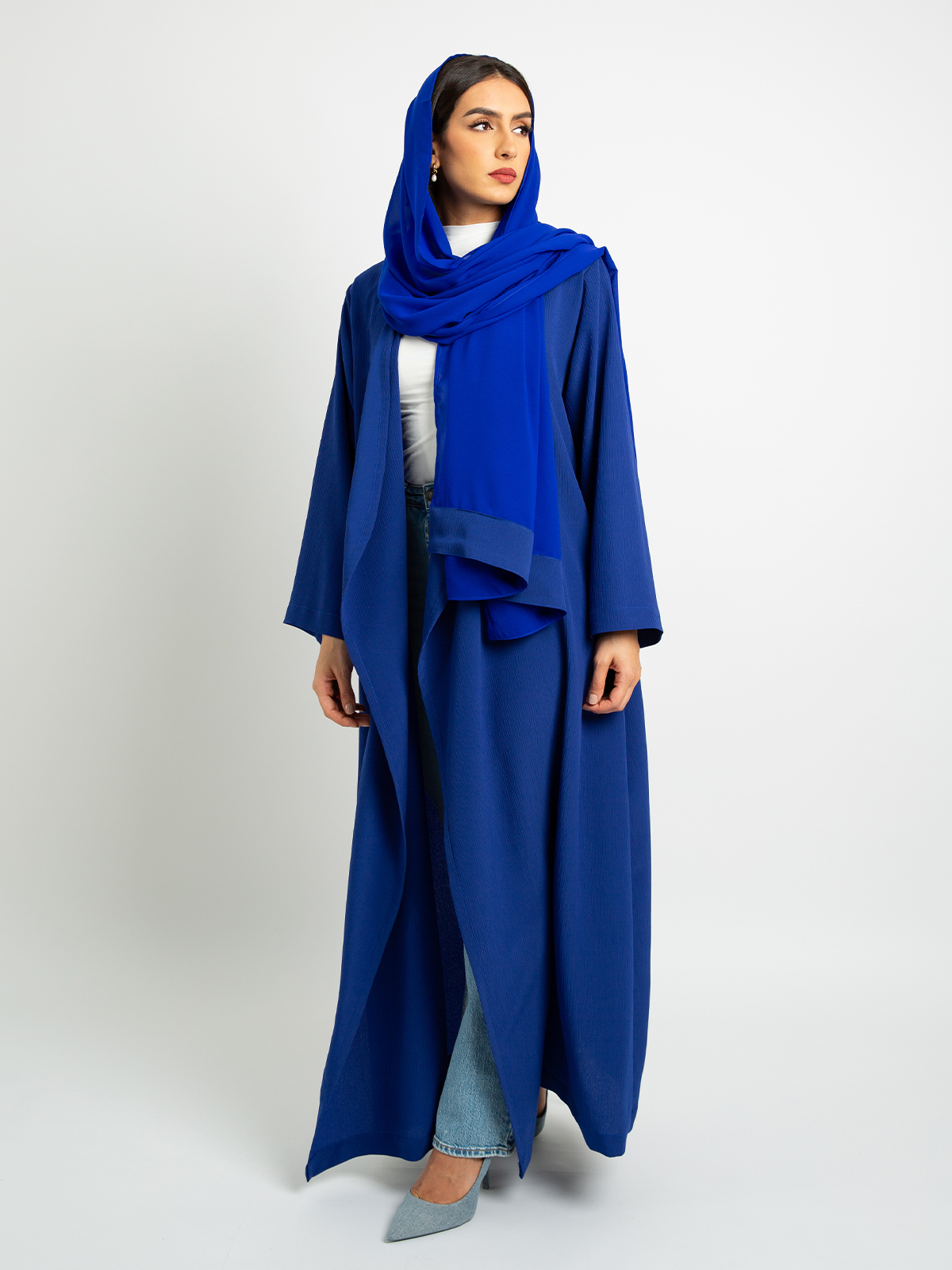 Indigo Blue - Comfy Regular-fit Long Open Abaya in Fancy Yoryu Fabric