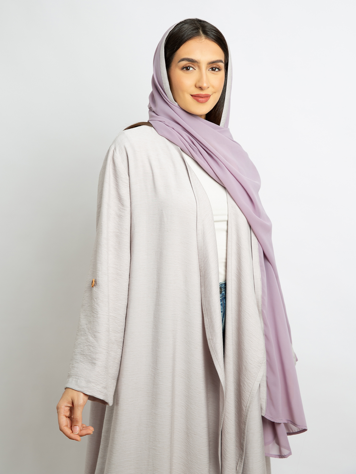 Open long wide cut comfy abaya with adjustable sleeves purple color in linen-feel fabric for work and events by kaafmeem