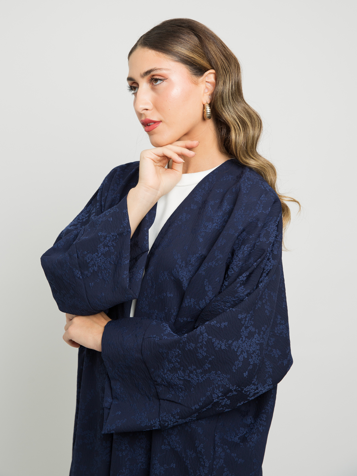 Navy - Long Wide-Fit Open Abaya in Floral Jacquard Fabric