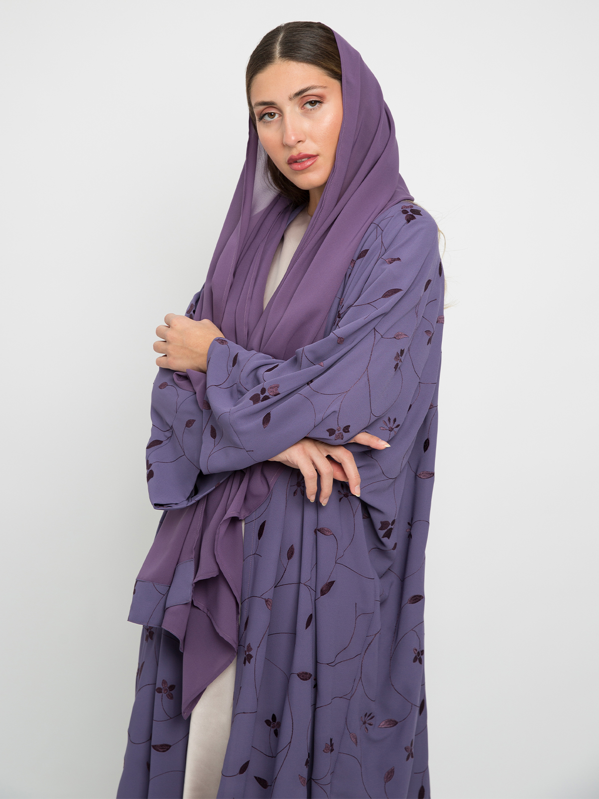 Purple - Long Wide-Fit Open Abaya in Embroidered Light Fabric
