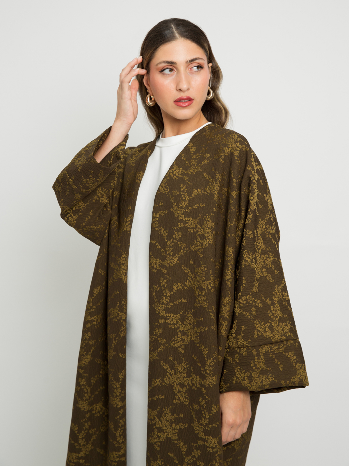 Olive - Long Wide-Fit Open Abaya in Floral Jacquard Fabric