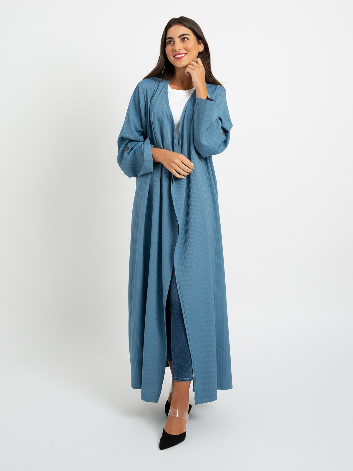 Kaafmeem women clothing regular fit sky comfy long abaya for everyday in wrinkle free fabric for work or outings