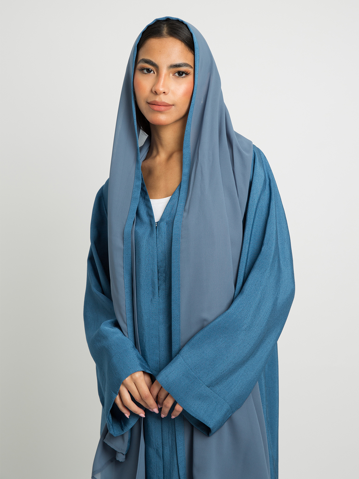 Blue - Regular Cut V-Neck Closed Long Abaya in Salona Fabric