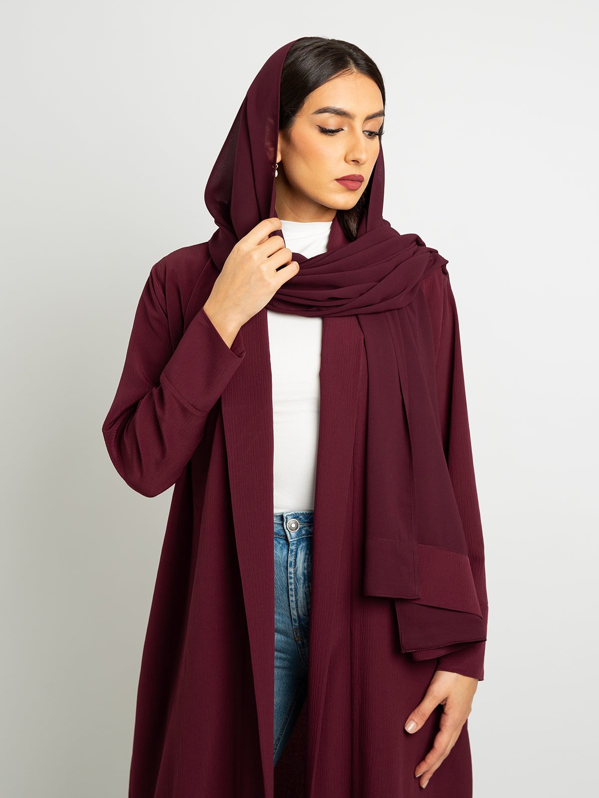 Maroon long open practical casual abaya in fancy yoryu fabric by kaafmeem for work and everyday wear 