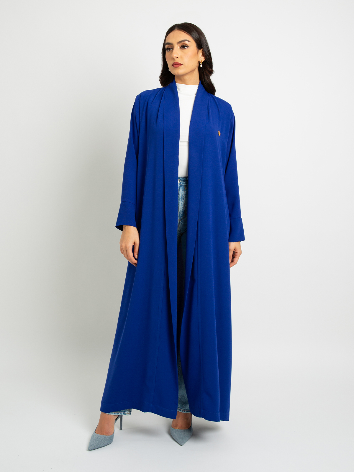 Indigo blue long open practical casual abaya in high quality crepe fabric by kaafmeem for work and everyday wear 