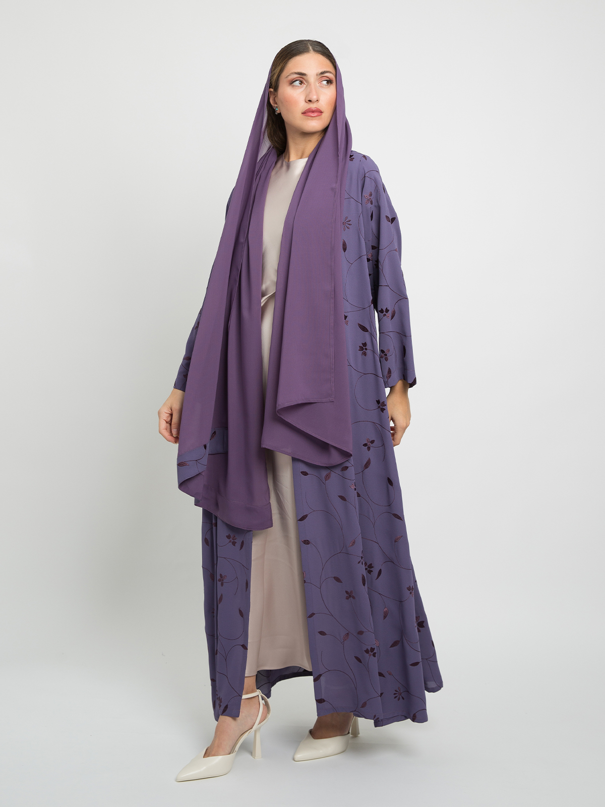 Purple - A Cut Long Open Half Cloche Abaya in Embroidered Light Fabric