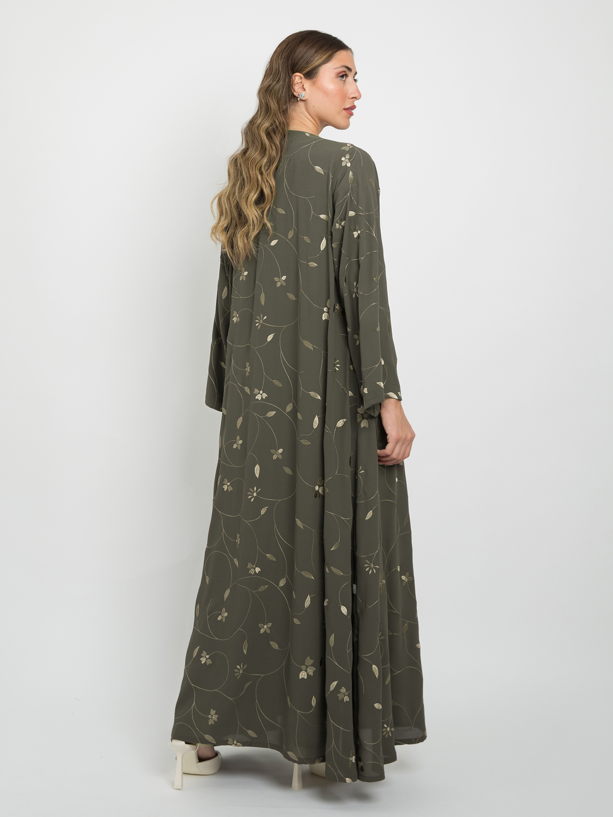 Olive - A Cut Long Open Half Cloche Abaya in Embroidered Light Fabric