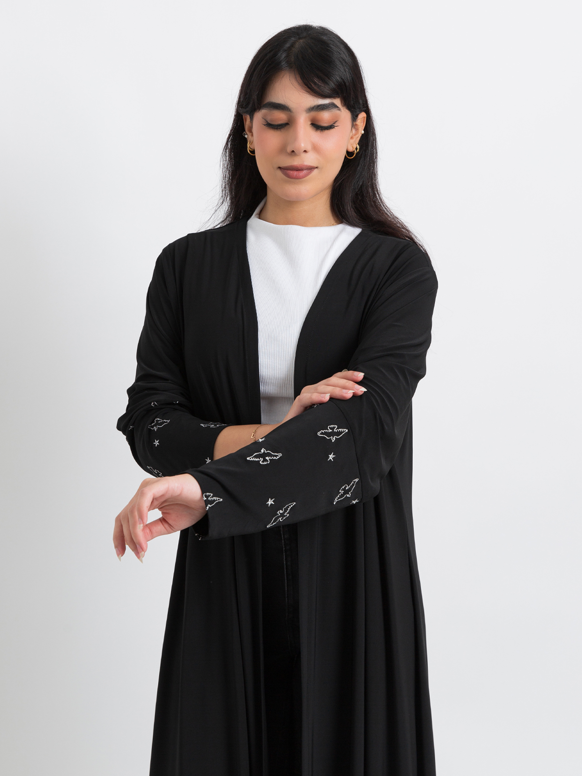 black half cloche fancy crepe abaya with sky embroidery in stretchy fabric by kaafmeem offers