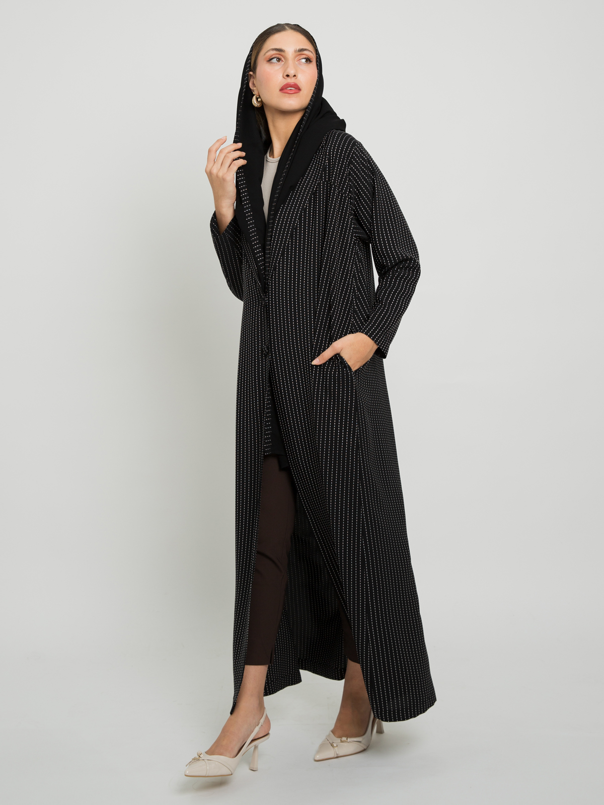 Black - Long Open Suit Abaya in Striped Salona Fabric