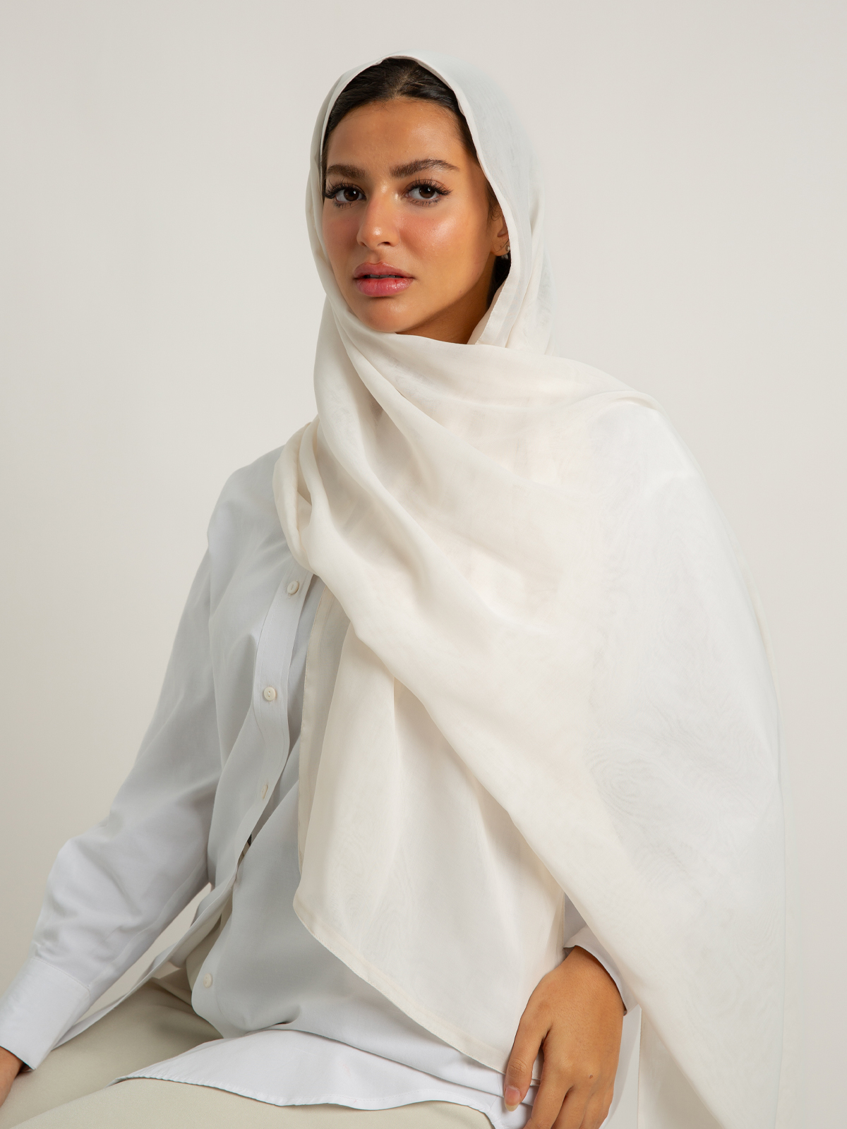 White plain double layered comfy japanese voile hijab tarha by kaafmeem for daily wear