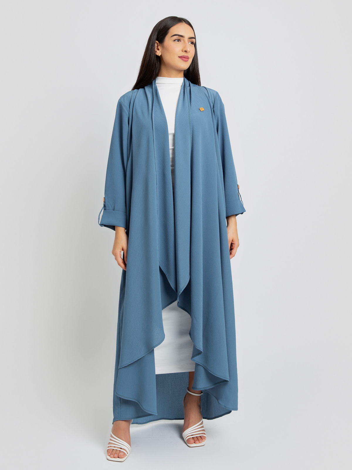 teal open long elegant freestyle abaya in high quality yoryu fabric by kaafmeem for events and occasions