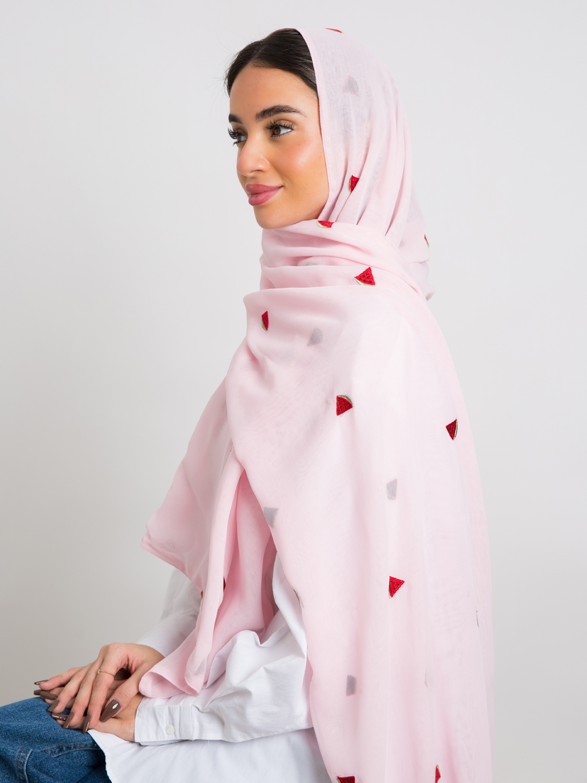 Baby pink watermelon embroidery Japanese voile hijab tarha by kaafmeem for daily wear