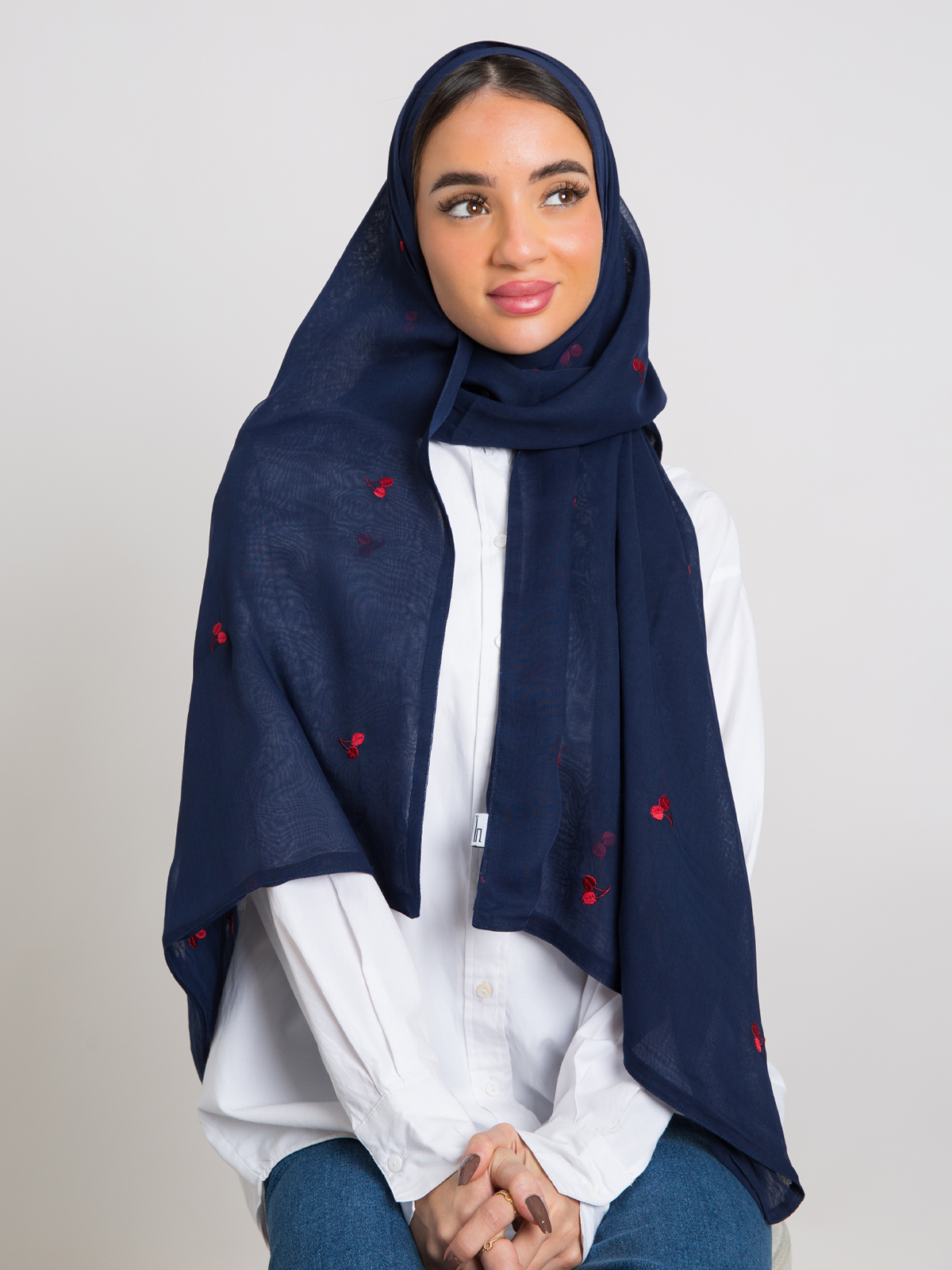 Navy cherry embroidery Japanese voile hijab tarha by kaafmeem for daily wear