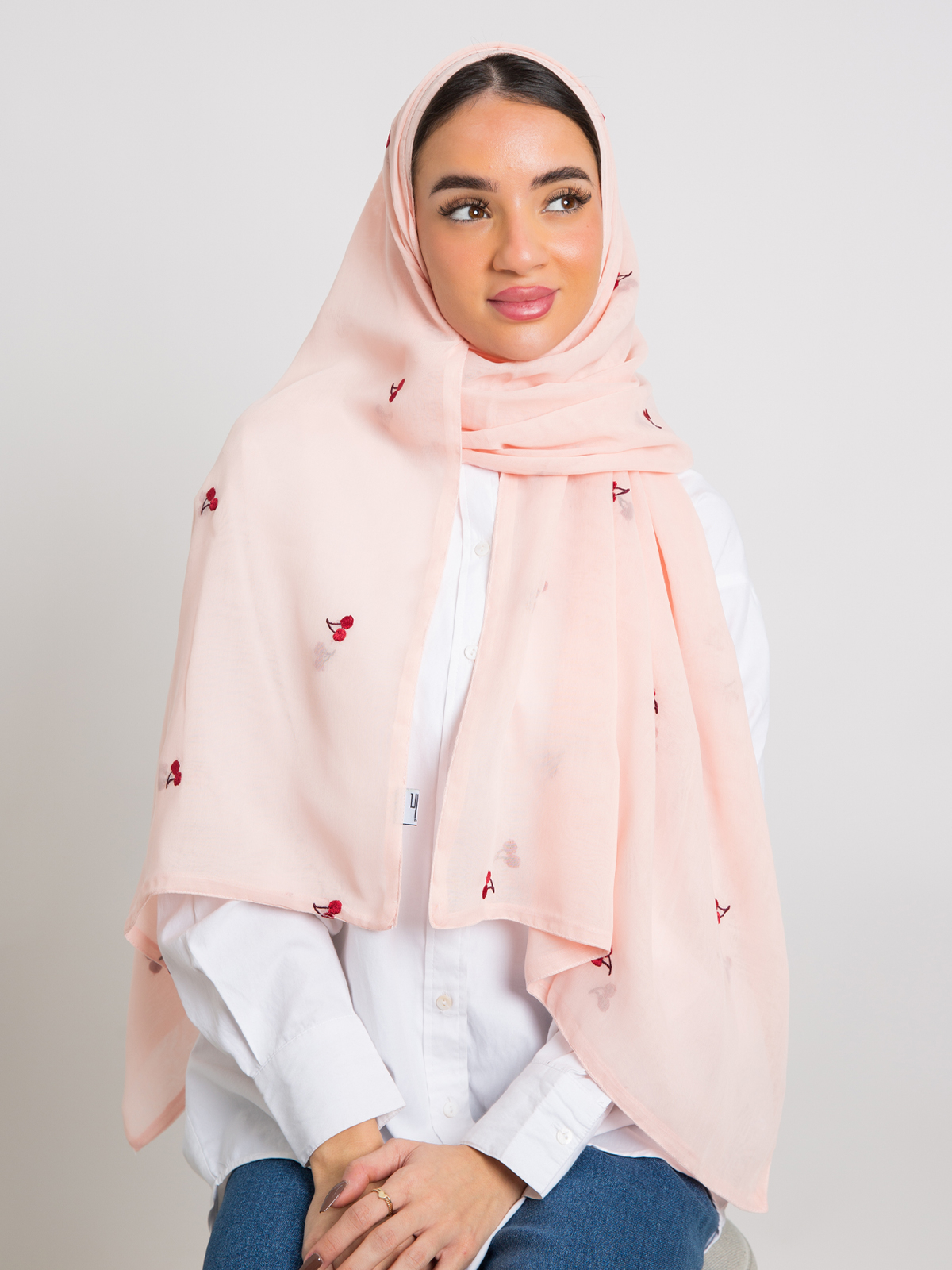 peach cherry embroidery Japanese voile hijab tarha by kaafmeem for daily wear