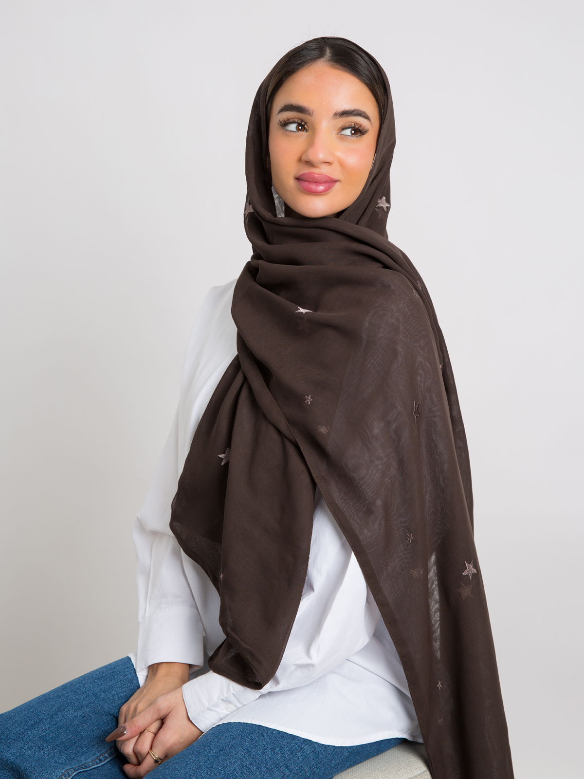 Brown stars embroidery Japanese voile hijab tarha by kaafmeem for daily wear