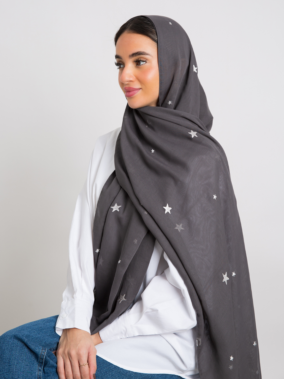 Gray stars embroidery Japanese voile hijab tarha by kaafmeem for daily wear