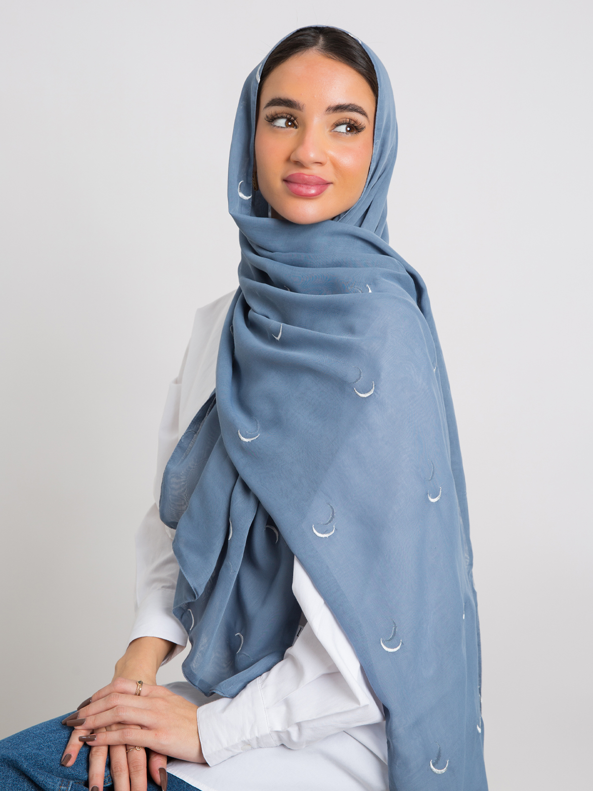 Pale Blue Hiall stars embroidery Japanese voile hijab tarha by kaafmeem for daily wear