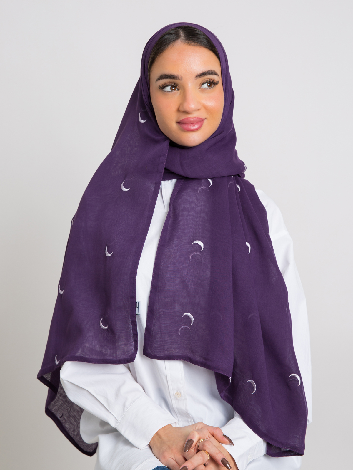 Purple Hiall stars embroidery Japanese voile hijab tarha by kaafmeem for daily wear