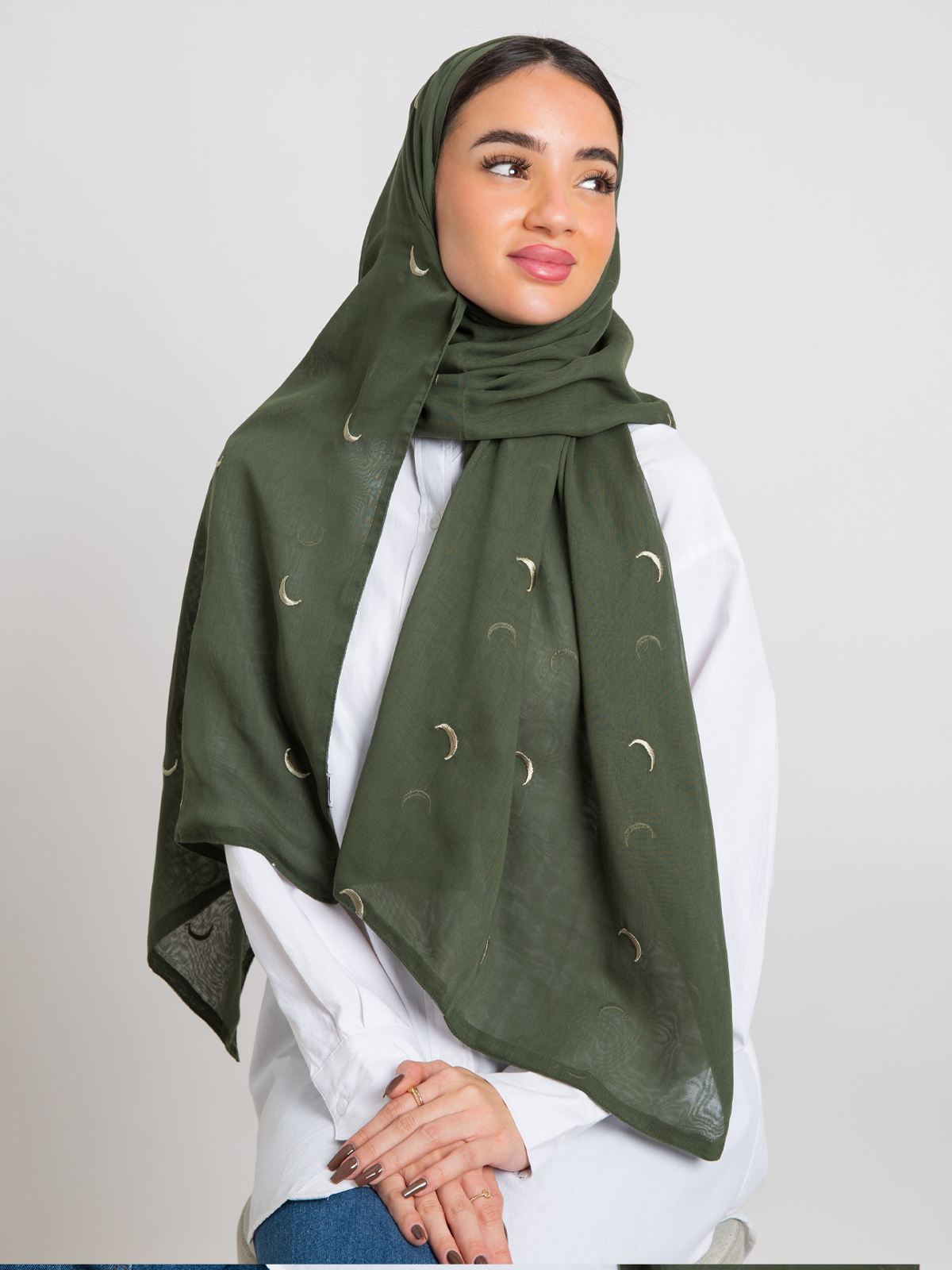Pale olive Hiall stars embroidery Japanese voile hijab tarha by kaafmeem for daily wear