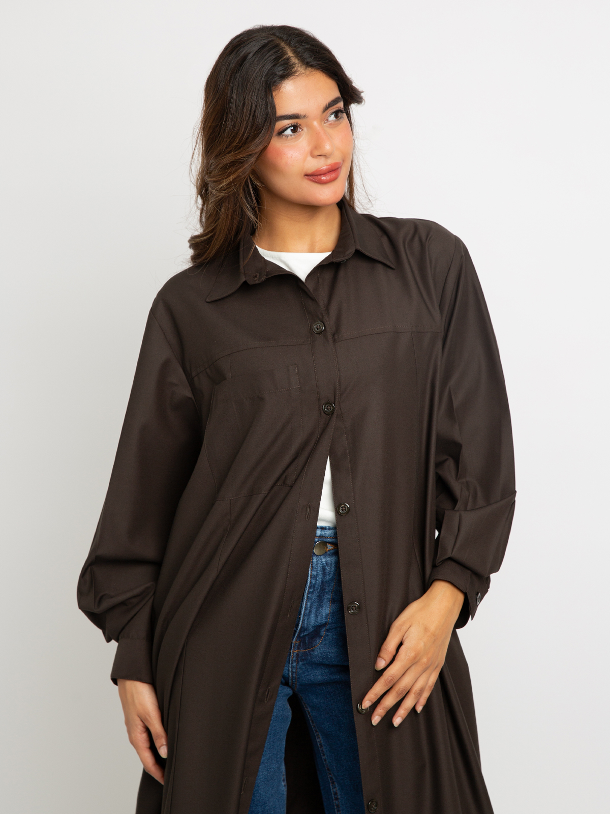 Brown shirt abaya in cotton feel fabric with shirt collar by kaafmeem summer abaya