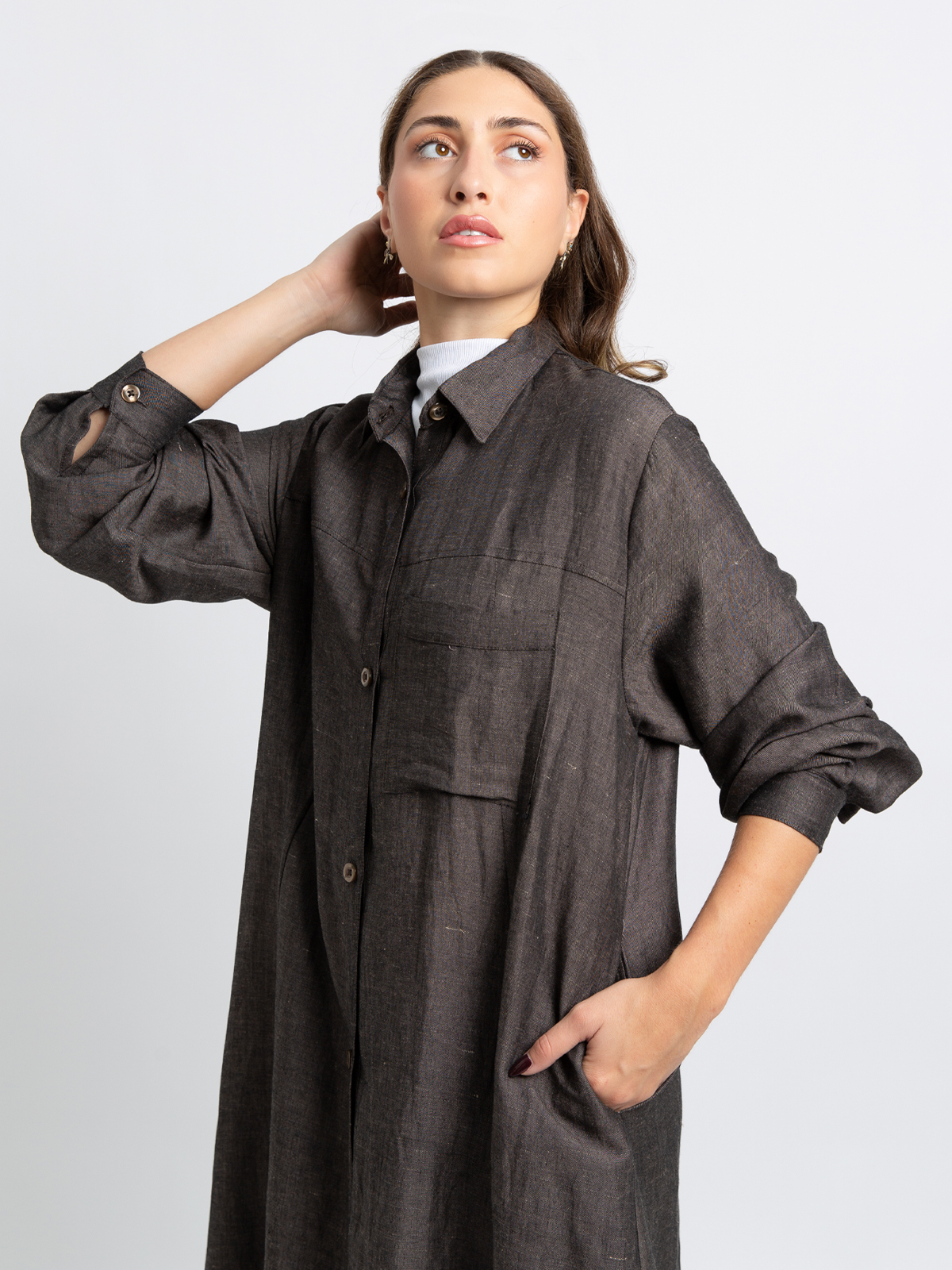 Gray formal shirt abaya in high quality natural linen with viscose fabric by kaafmeem 