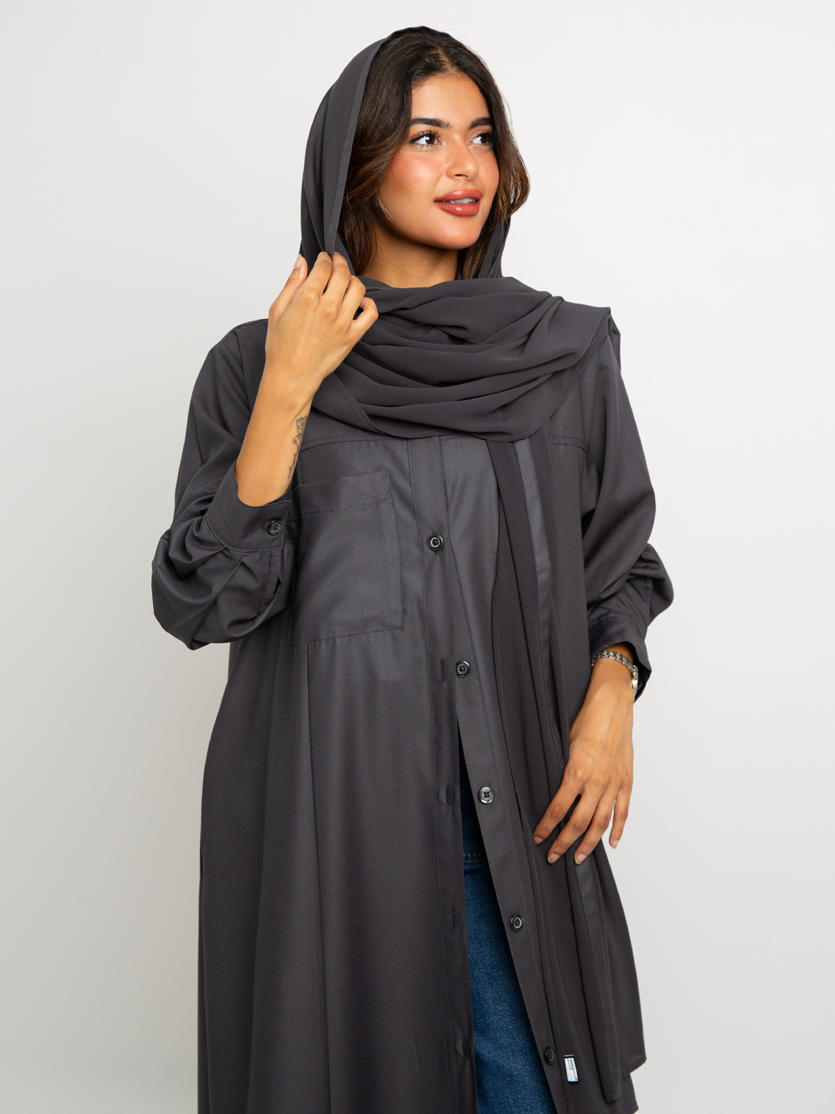 Gray shirt abaya in cotton feel fabric with shirt collar by kaafmeem summer abaya