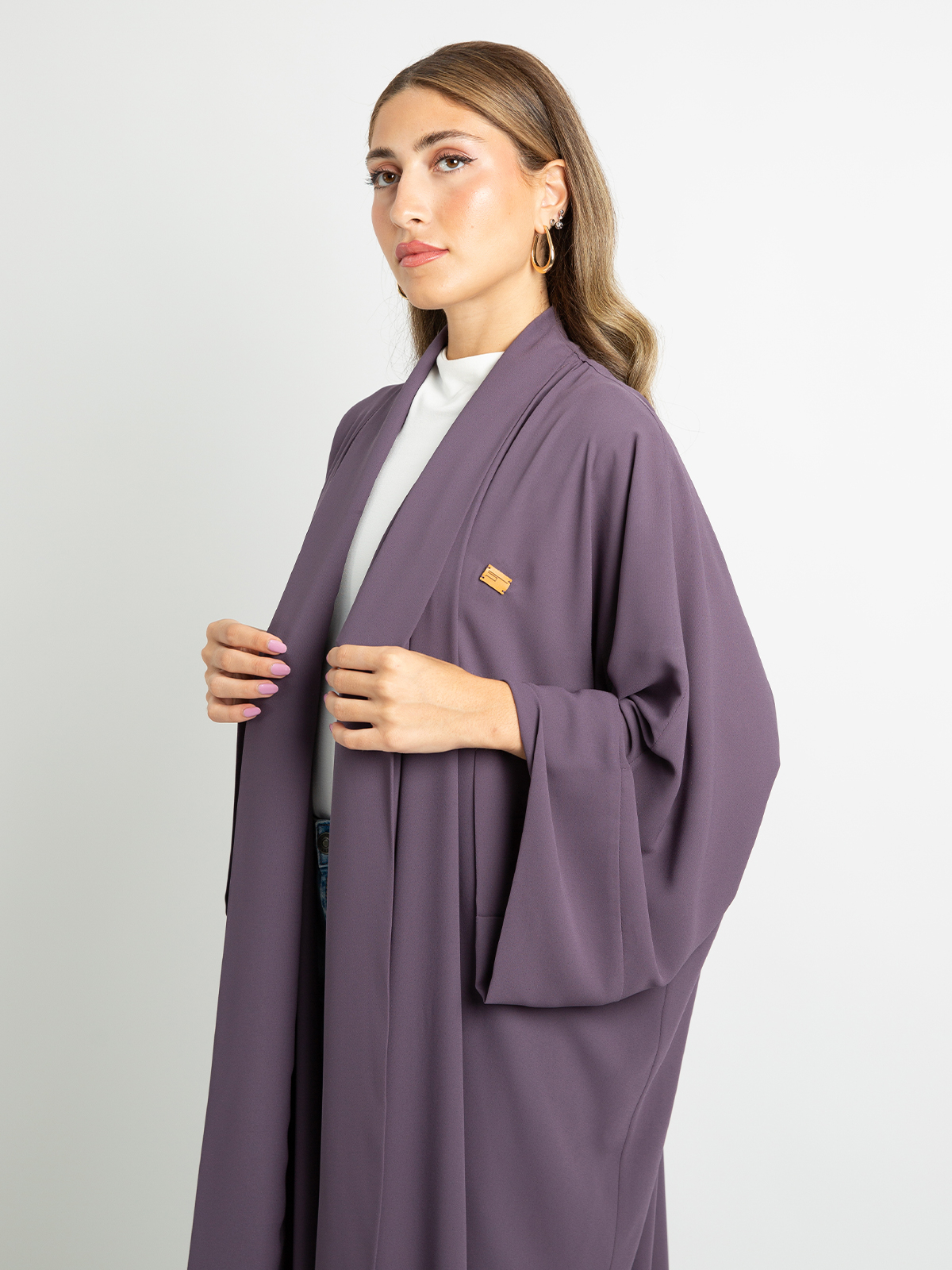 Purple long open flowstyle wide fit abaya in high quality light fabric by kaafmeem for work and everyday wear 