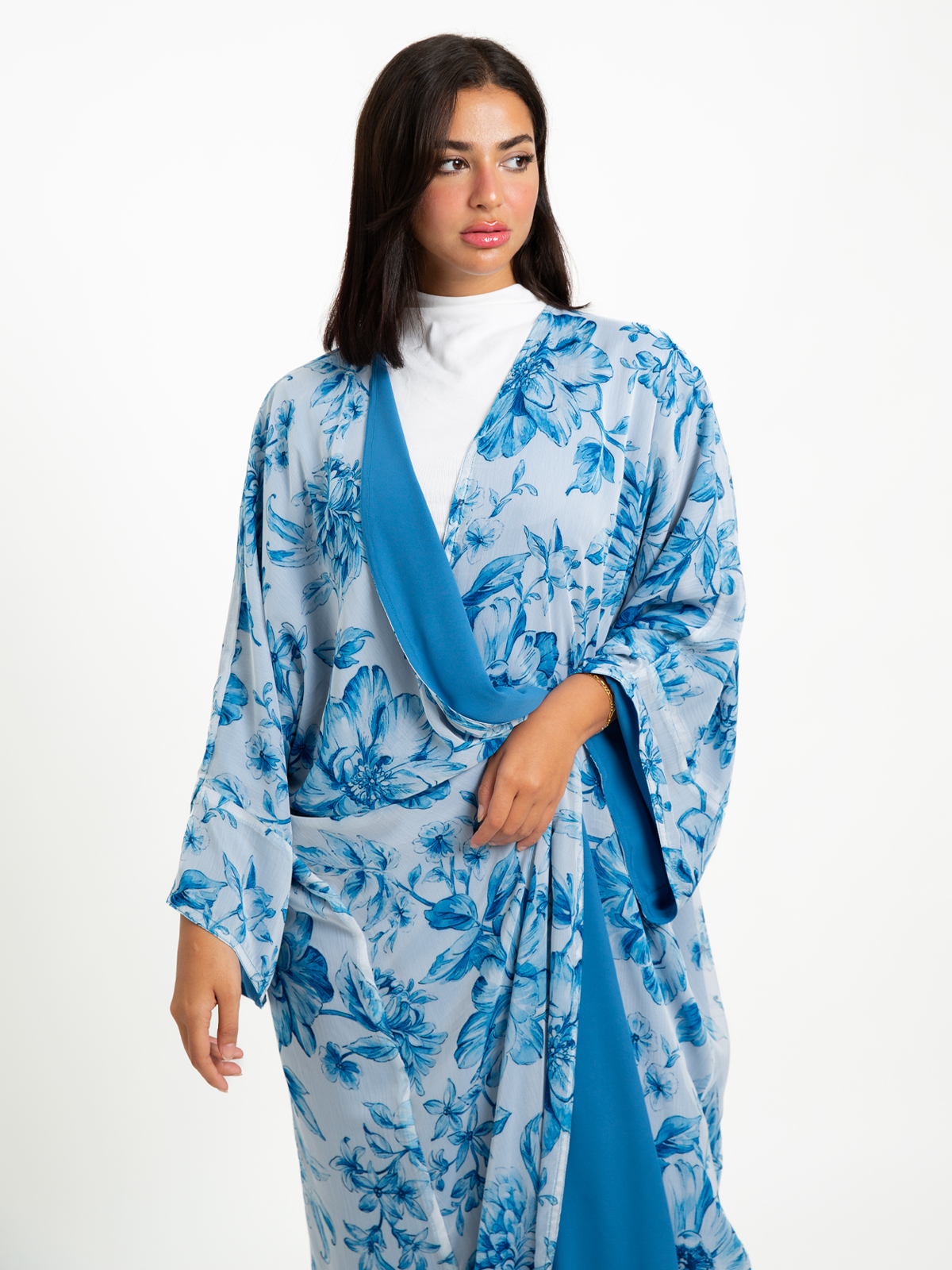 blue printed double face open abaya in high quality chiffon fabric by kaafmeem for summer